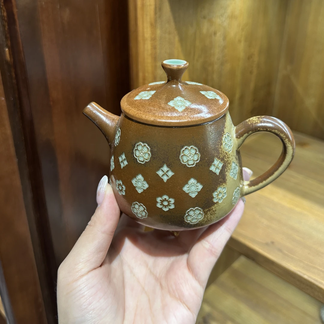 龙泉青瓷草木灰釉宝相花茶壶陶瓷茶具高档精致家用送礼茶器
