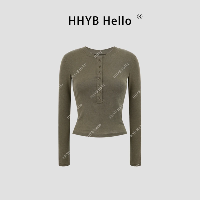 HHYB Hello【售完不补】百搭亨利领纽扣修身长袖打底衫Q240481