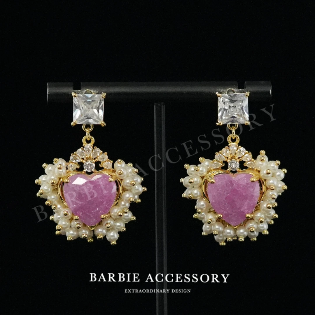 铜合金合成锆石耳饰 【心痕羽珠】法式中古轻奢设计款高级感耳环