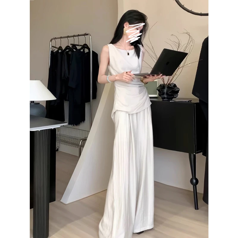 韩版气质两件套女2025夏季新款无袖上衣阔腿长裤时尚套装2828