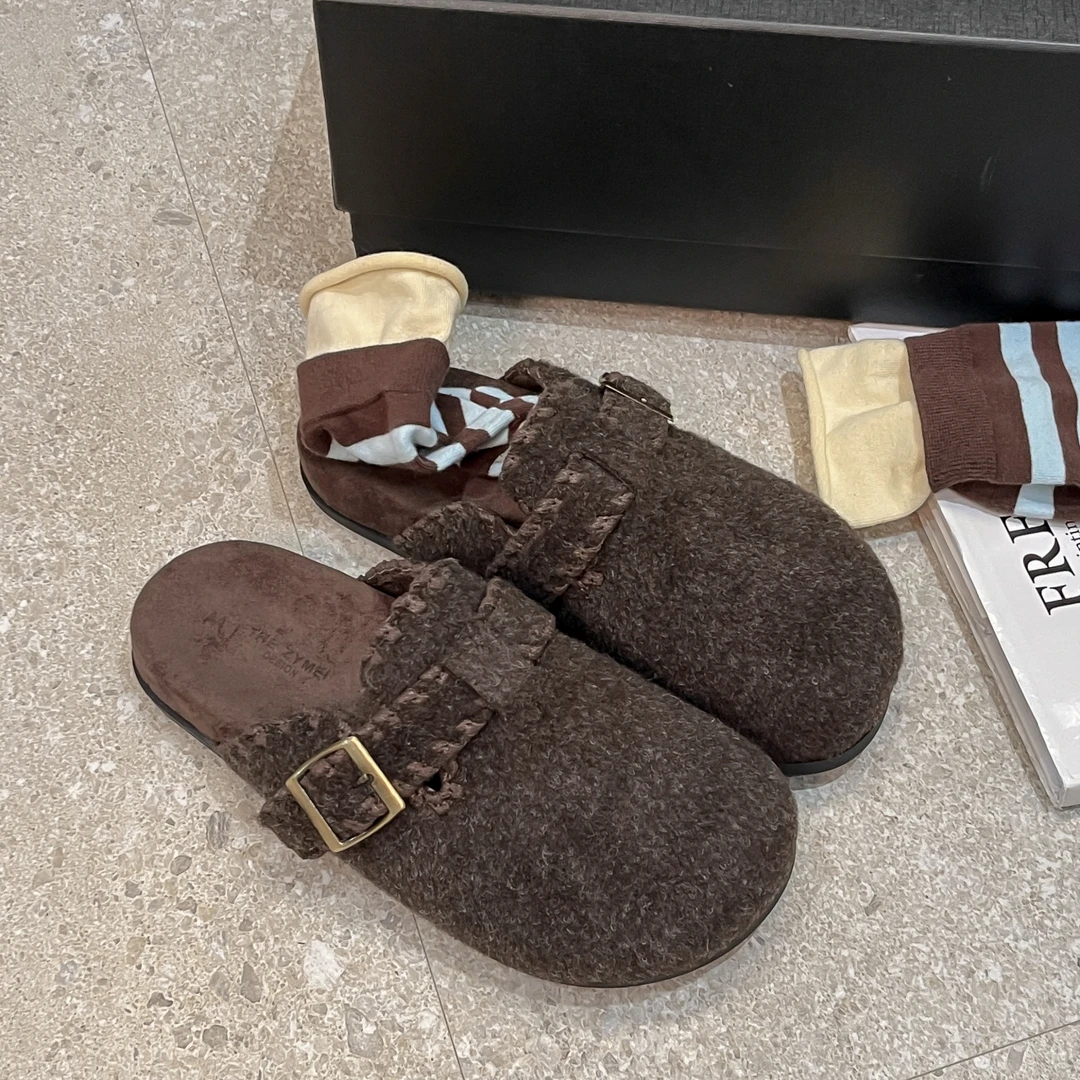 平跟毛呢外穿拖鞋女2025秋冬新款防滑一脚蹬勃肯鞋软底懒人包头拖