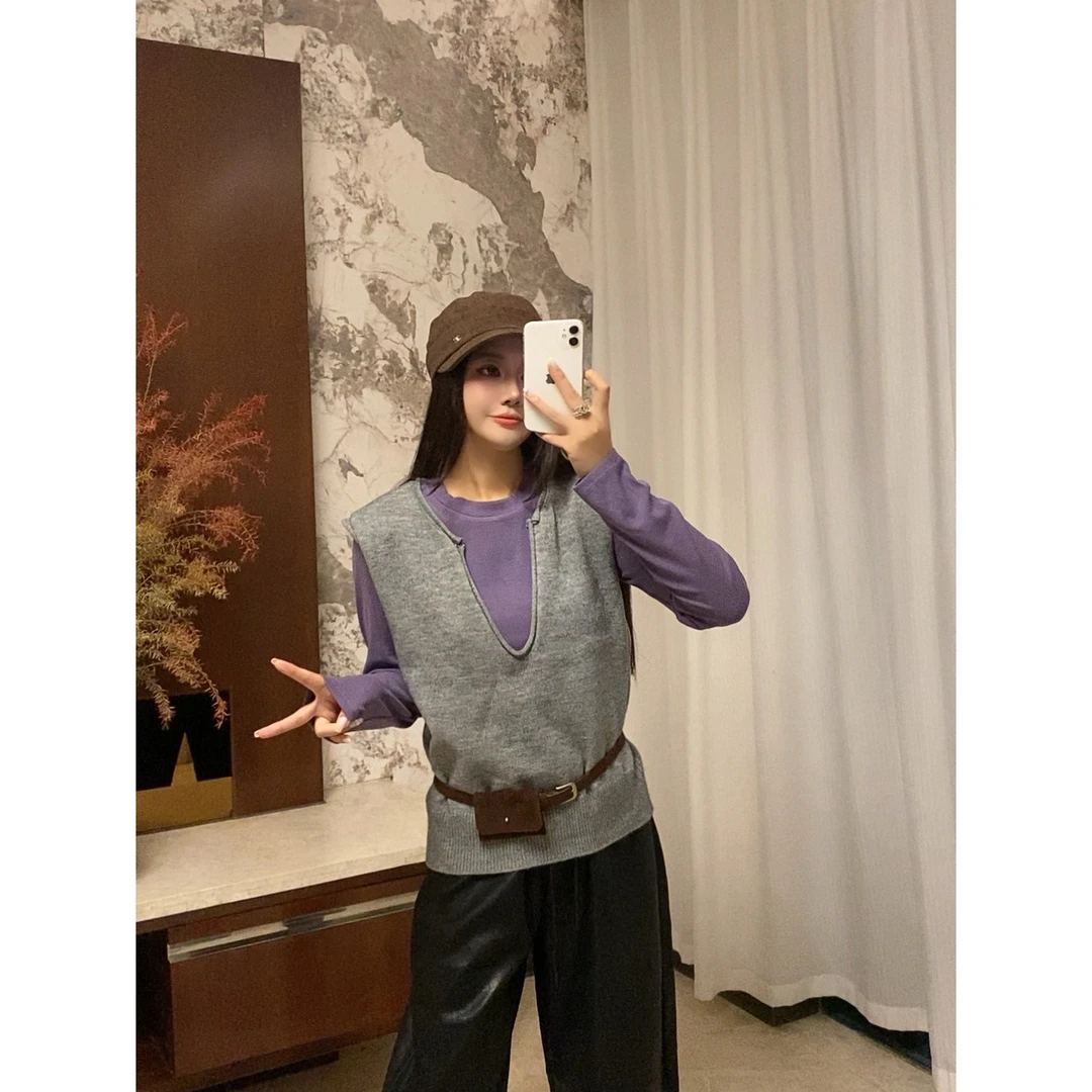 晶老板 原版面料毛衣背心打底腰带三件套8021