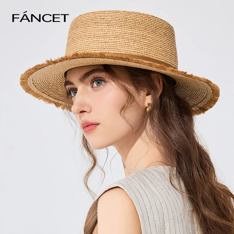 FANCET草帽女春夏新款法式平顶礼帽拉菲草防晒遮阳帽cm96005