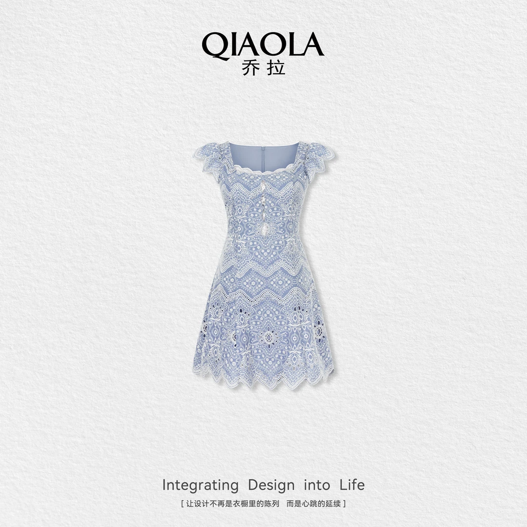 QIAOLA/乔拉【微风浪花】夏新款梭织绣花高级感通勤百搭连衣裙预售