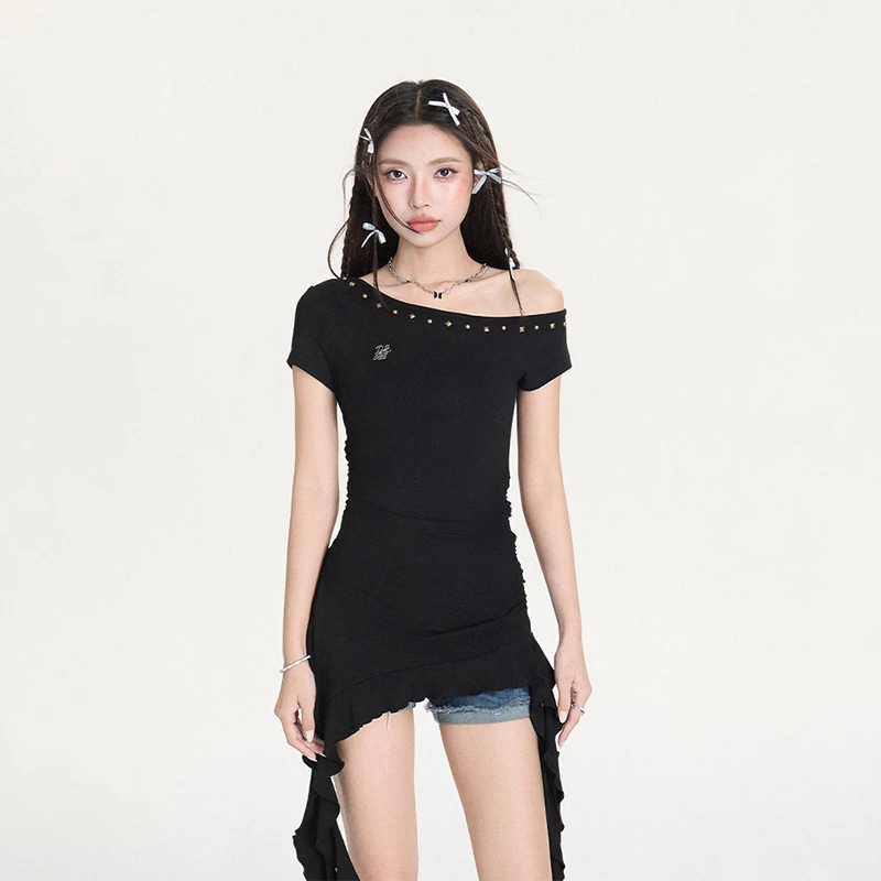 原创美式复古设计感不规则上衣女夏款斜领甜美可爱风格衣服