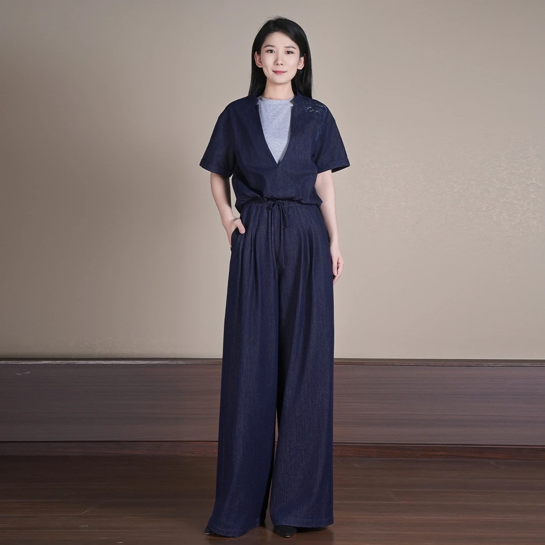 中式精致刺绣花短袖夏百搭女休闲舒适套装HBSS050016+HBSS050017