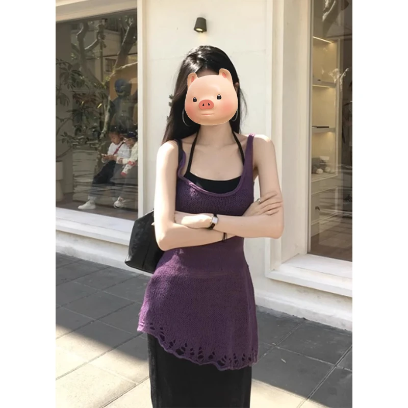 法式V领镂空破洞紫色冰丝针织吊带背心女夏外穿修身辣妹无袖上衣