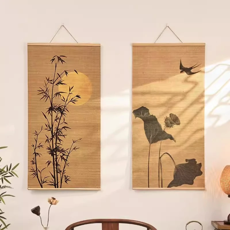 【禅意】新中式客厅装饰画茶室竹帘挂画书房背景卷轴荷花挂画壁画