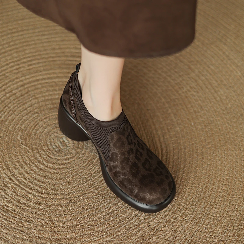 牛皮6.5公分/时尚圆头豹纹粗跟厚底单鞋春季复古英伦风深口女鞋