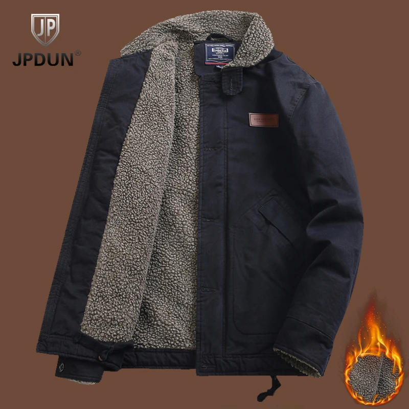 JPDUN冬季加绒加厚棉衣宽松保暖防寒翻领外套中年简约大码男棉服