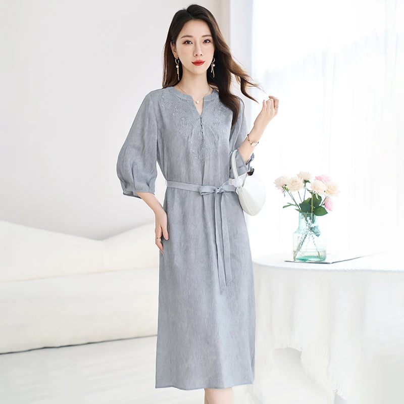 杭州真丝亚麻连衣裙女V领系带气质显白妈妈修身显瘦单层桑蚕丝裙