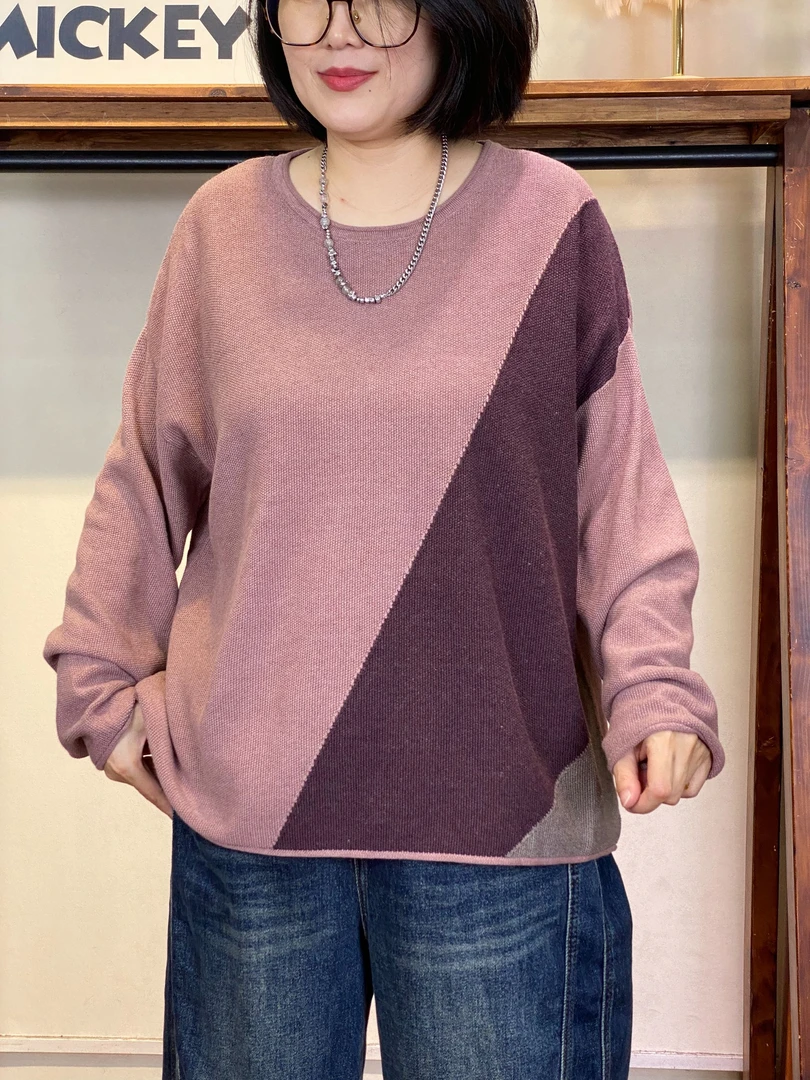 针织衫-10748大码女装秋冬棉质均码胖MM宽松文艺弹力圆领拼色百搭