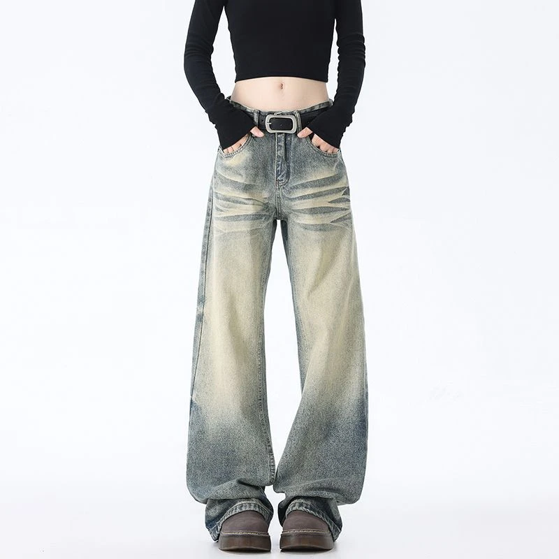 高街水洗做旧阔腿牛仔裤男女2025秋季新款美式复古宽松直筒休闲裤