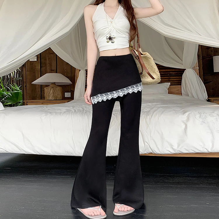 4362大码女装胖MM高腰设计感遮肚子直筒微喇裤蕾丝屁帘长款5819