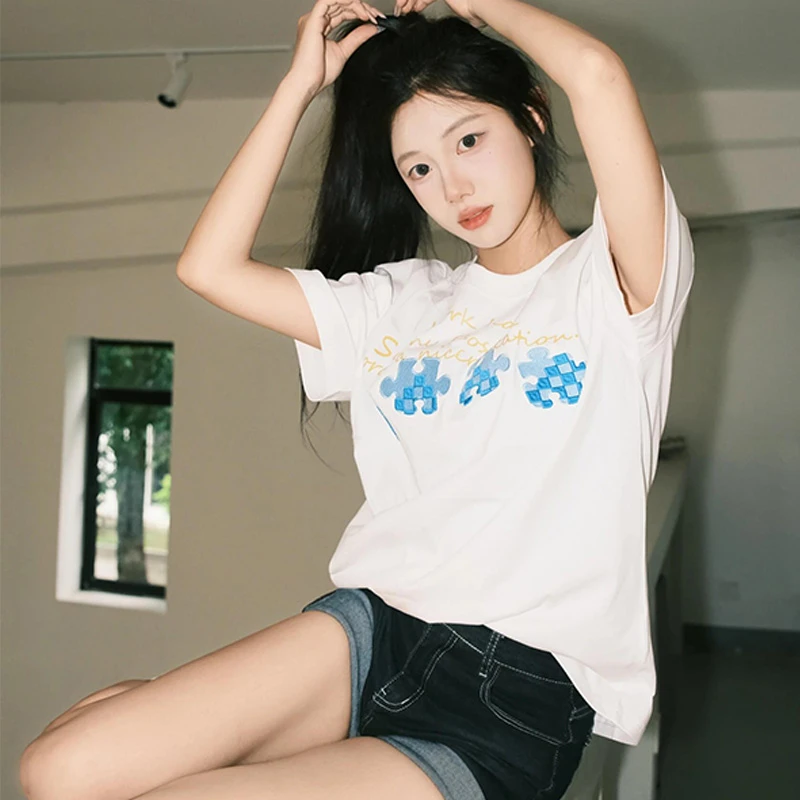 NASA ROAD短袖T恤女夏季复古潮牌刺绣字母重磅美式高街新款上衣服