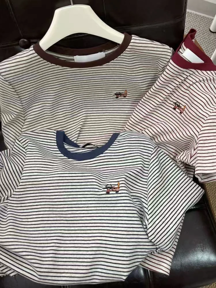 -ARRLMORRE品牌【小卷猫】高定彩棉刺绣撞色t恤条纹Chic短袖