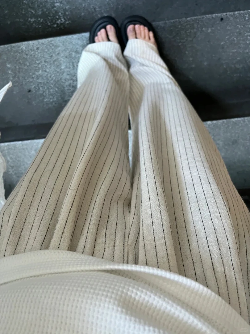 宽松阔腿直筒长裤春夏秋款~原麻色条纹棉麻休闲裤