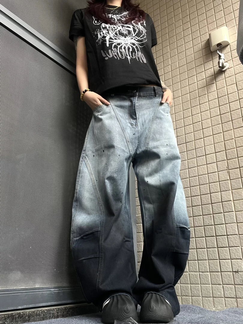 15GET 美式复古渐变设计感小众泼墨撞色阔腿弯刀牛仔裤长裤男女