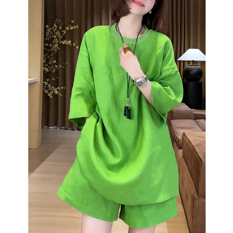 时尚两件套欧洲站2025夏季慵懒风百搭宽松中长款上衣高腰纯色短裤