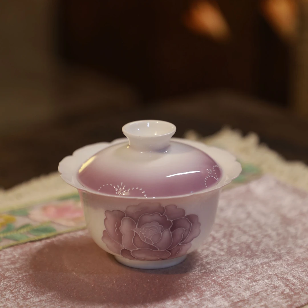 渐变紫-手绘珠帘玫瑰-花边盖碗