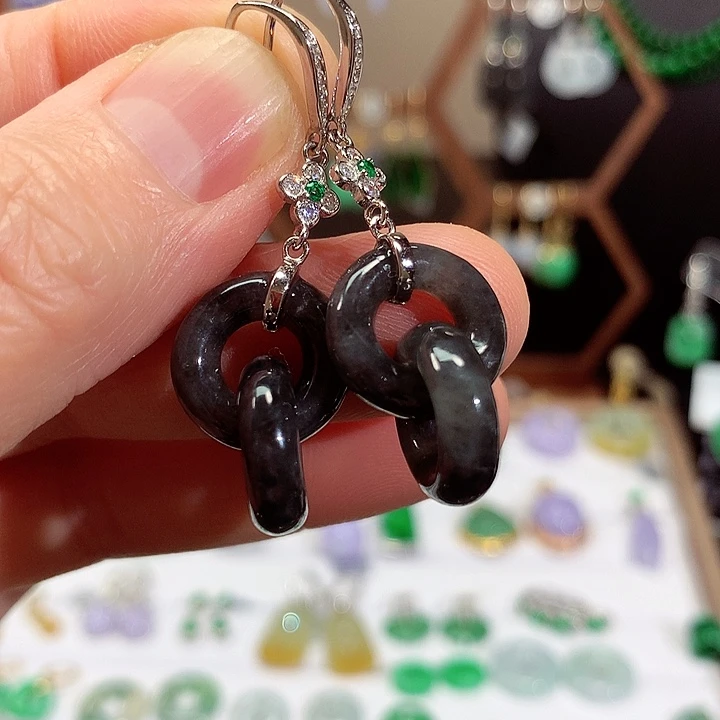 翡翠银S925镶嵌耳饰天然