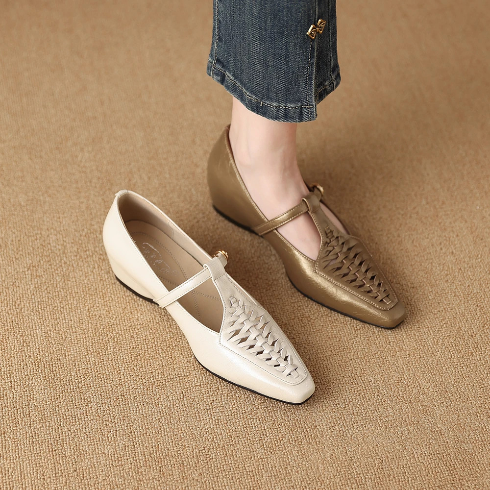 1921-7夏季尖头凉鞋女低跟编制粗跟中老年妈妈鞋