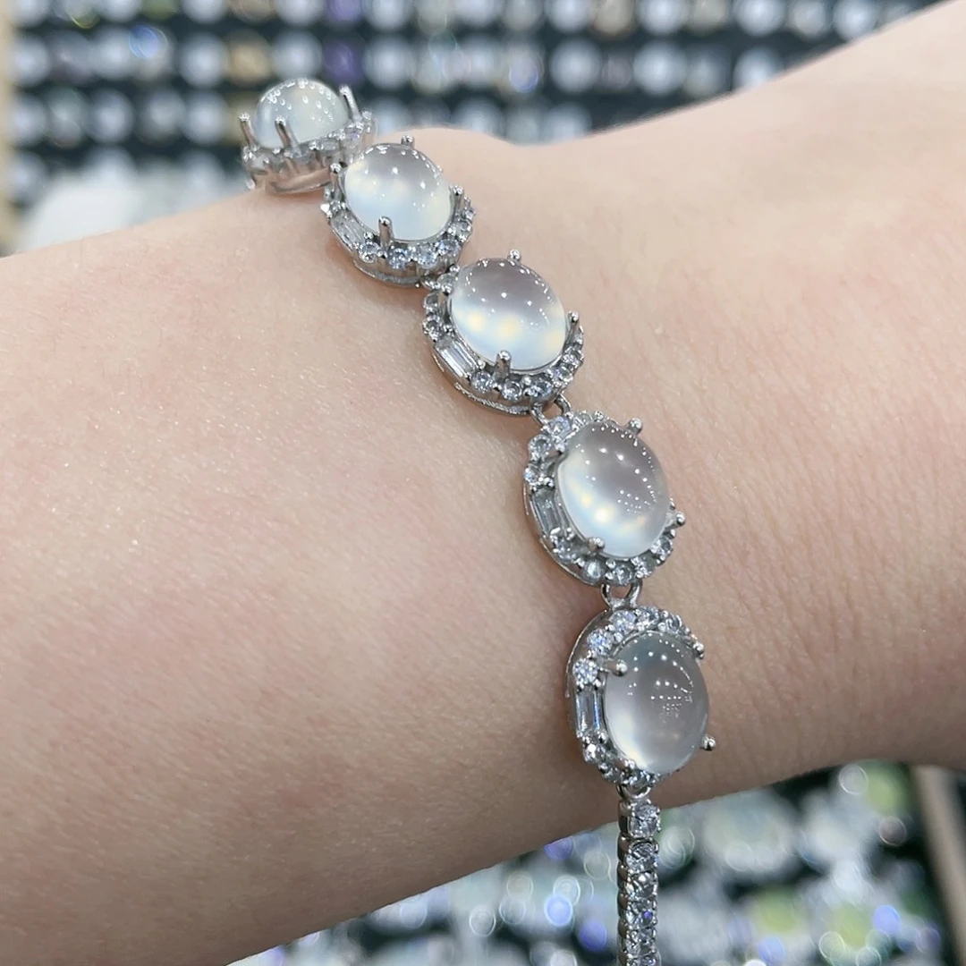 蛇纹石玉手链银S925镶嵌张*