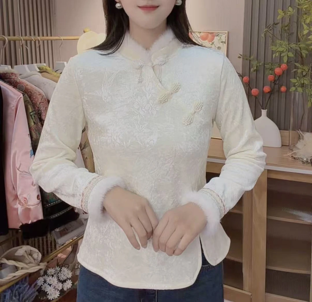 【怡如】2025新中式国风加绒打底衫立领气质琵琶扣订珠流苏漂亮上衣