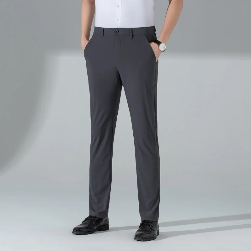 夏季高档男士弹力凉感商务休闲裤男装中青年轻薄透气高腰直筒裤子