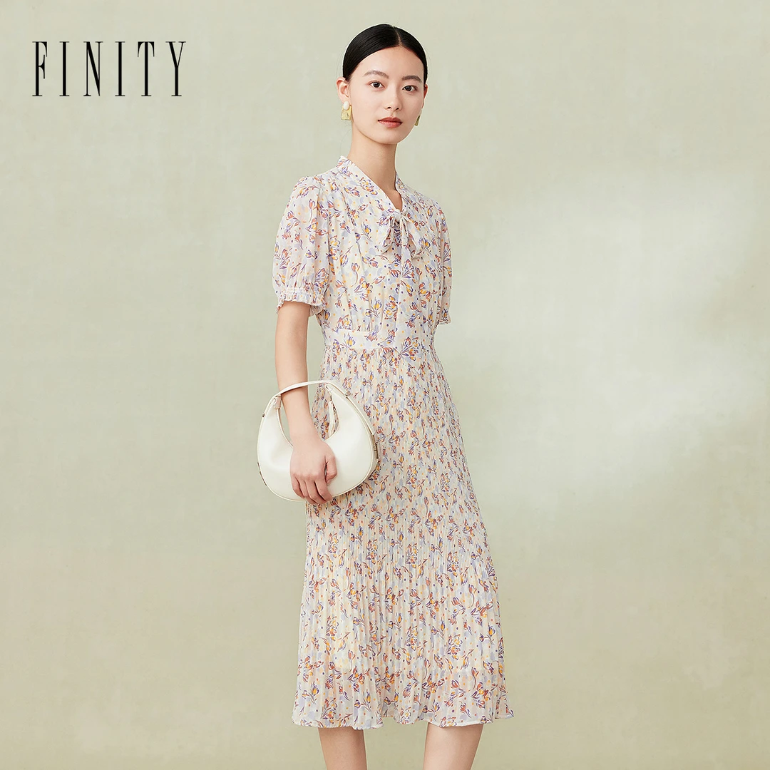【粉丝专享】FINITY 新款飘带领连衣裙时尚复古法式收腰 F21X4A10L3