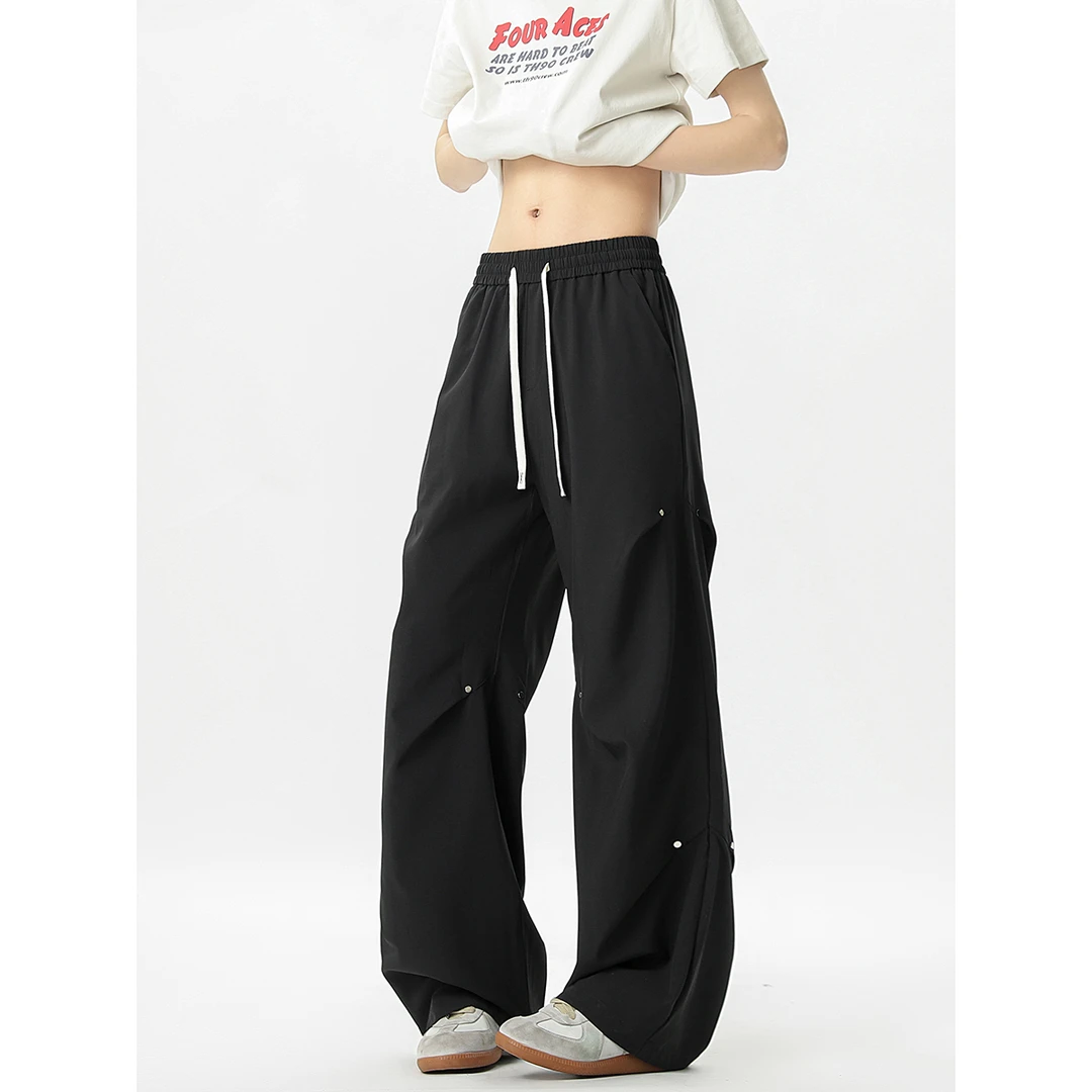 York Zoom夏季新款美式大褶皱垂感冰丝裤铆钉休闲裤长裤百搭薄款