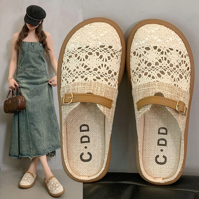 平底包头半拖鞋女夏季外穿2025新款配裙子渔夫鞋一脚蹬孕妇凉拖鞋