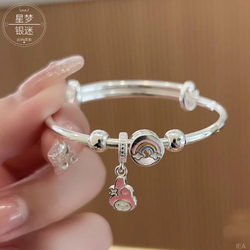 足银珐琅手镯 银9999中童彩虹笑脸女孩实心手镯大童学生款小孩镯