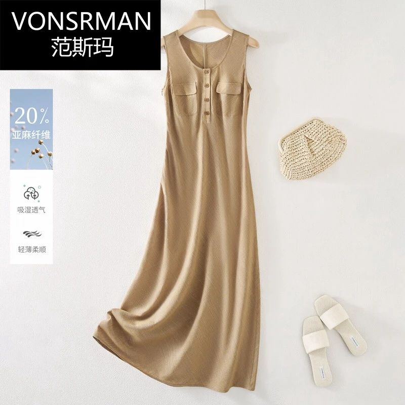 法式天然亚麻混纺背心连衣裙女2025夏季小女子广州十三行气质裙子