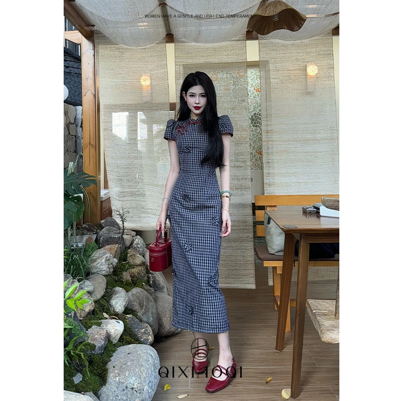七小七Sicily【书香墨韵】新中式民国感格纹改良旗袍撞色盘扣连衣裙