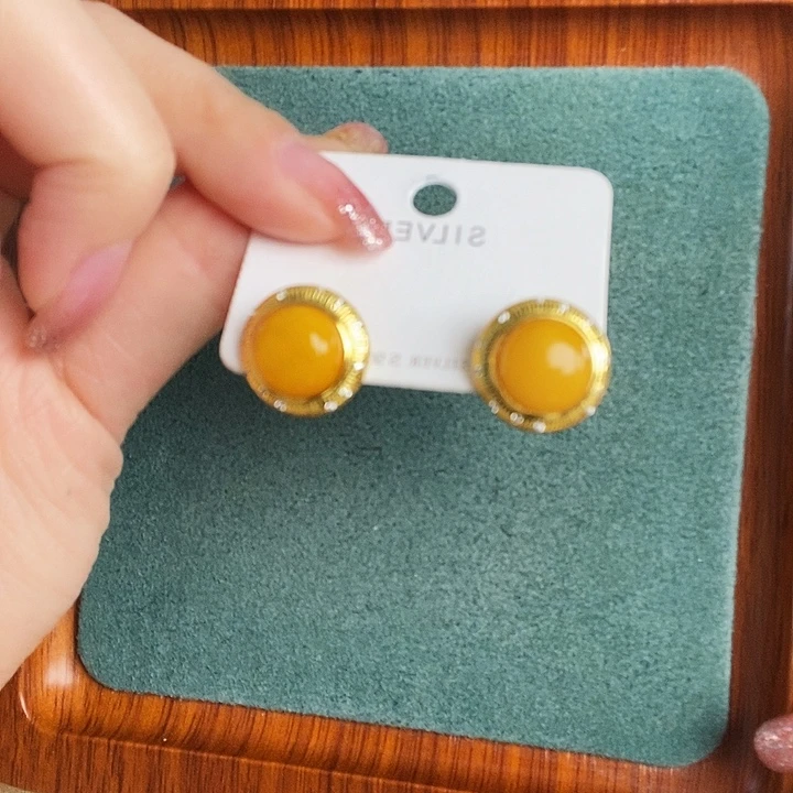 蜜蜡银S925镶嵌耳饰耳钉