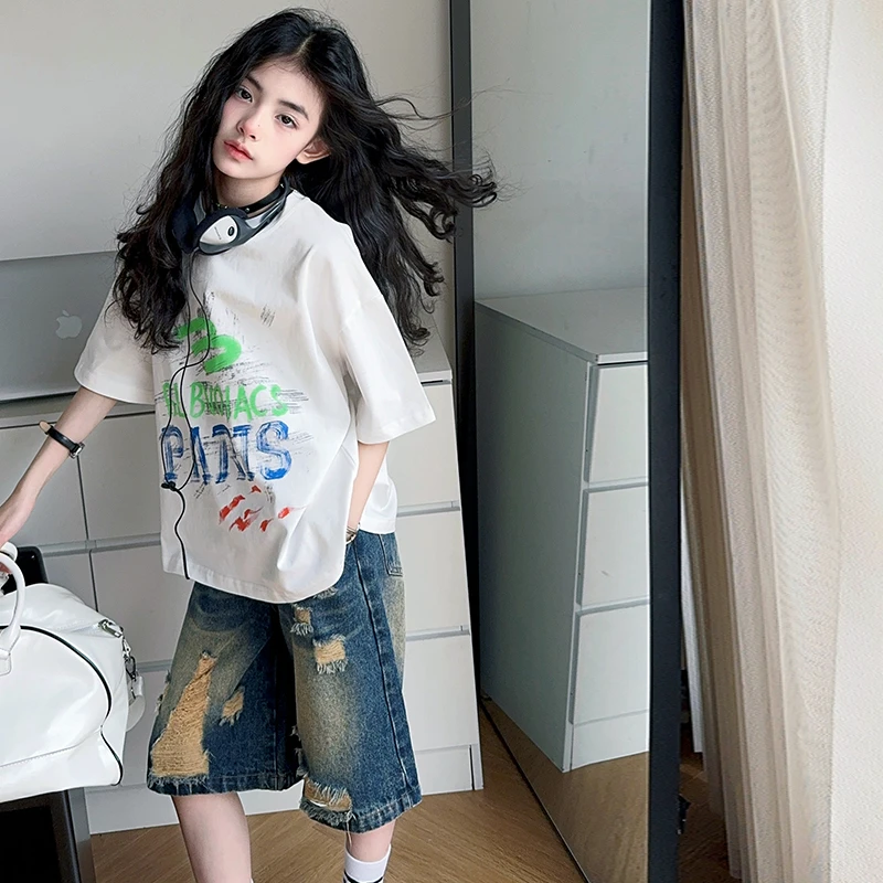 女童夏季破洞牛仔中裤套装2025新款中大童洋气短袖T恤休闲两件套8