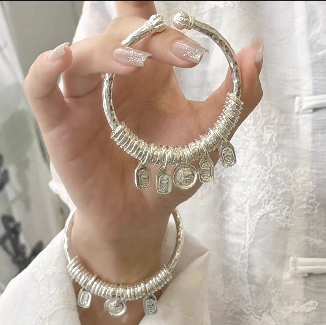 足银手镯 黄财神盘缠开口南瓜头手镯