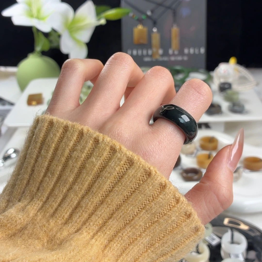 和田玉（糖玉）未镶嵌戒指j292墨绿轮胎17.3