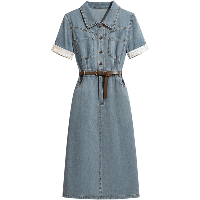 丝柏舍2025夏季新款女收腰开叉翻领休闲短袖牛仔连衣裙S51K0121L