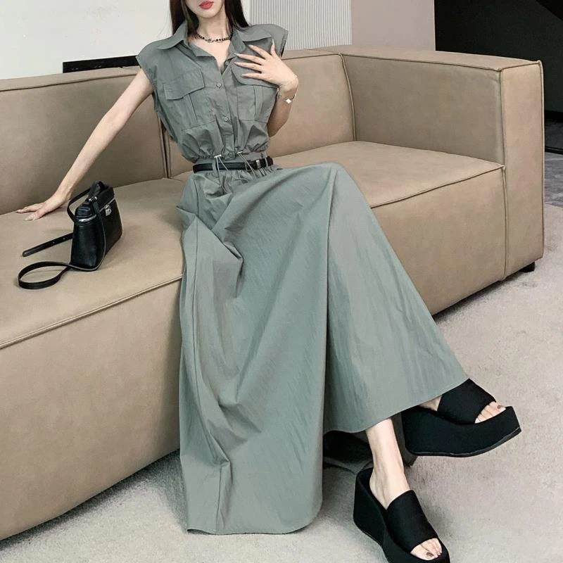 美式抽绳工装外套百褶裙上衣搭配女夏高级超长到脚踝半身裙两件套