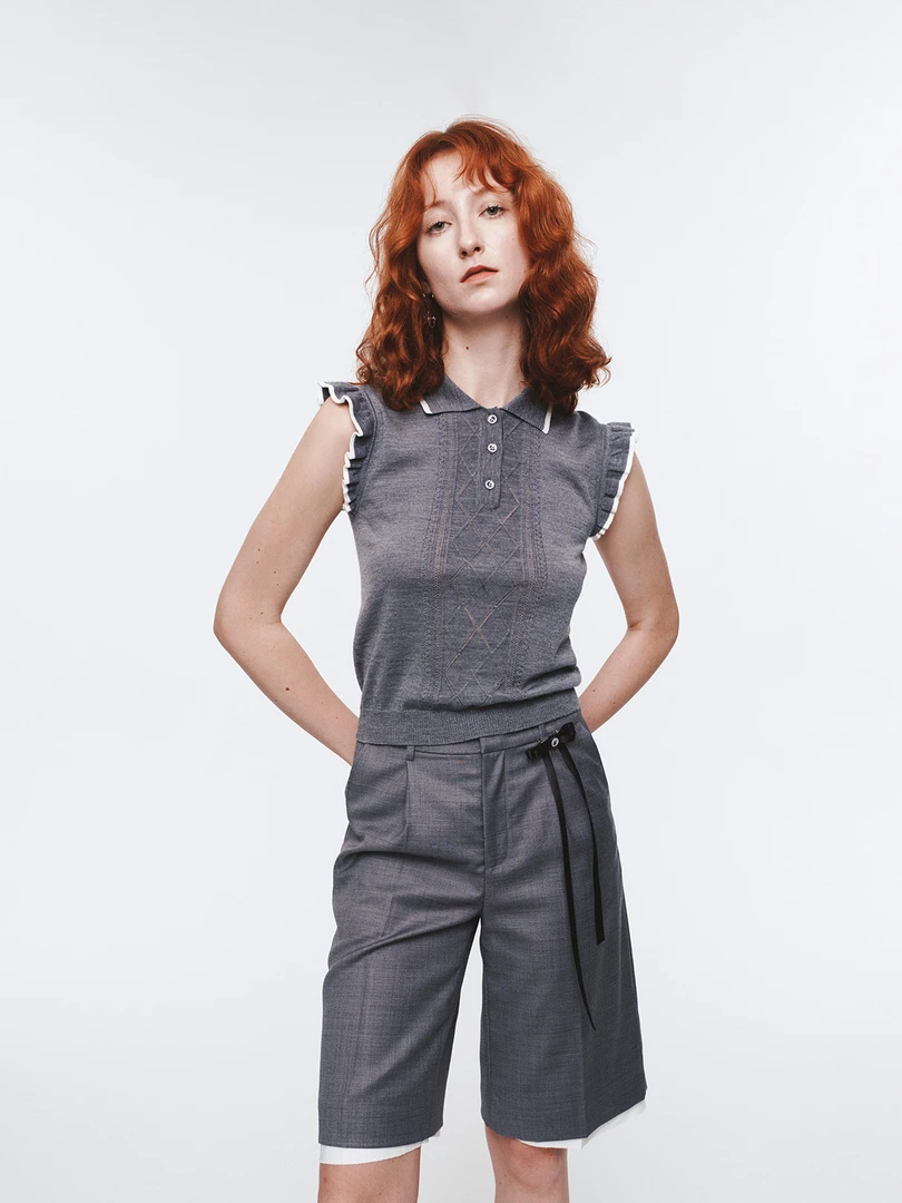 CELECT买手店 HERLIAN 2025年春季新品木耳边拼接无袖polo针织衫