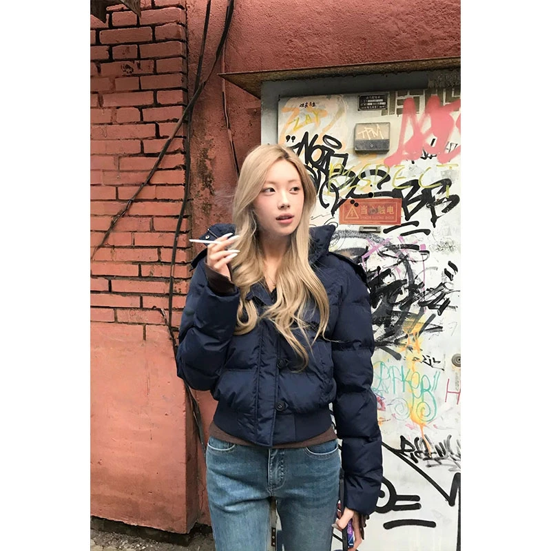 冬季百搭藏青色连帽毛领短款棉衣棉袄女加厚保暖宽松棉服外套ins