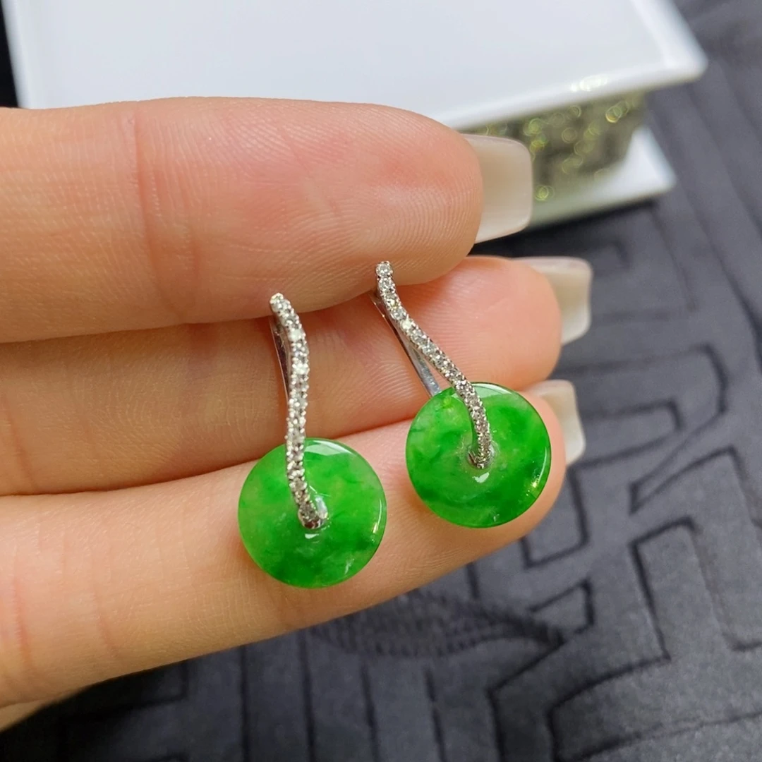 翡翠18K金镶嵌耳饰辣色扣子耳包