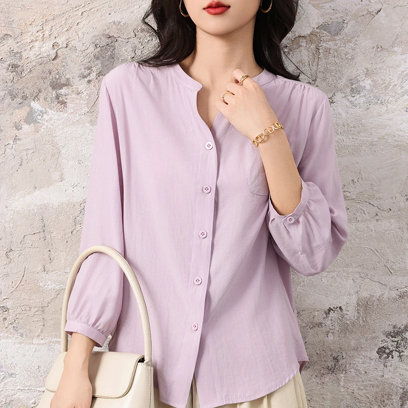 LM.简约宽松圆领垂顺女时尚小衫轻盈亲肤圆领衬衣MC072