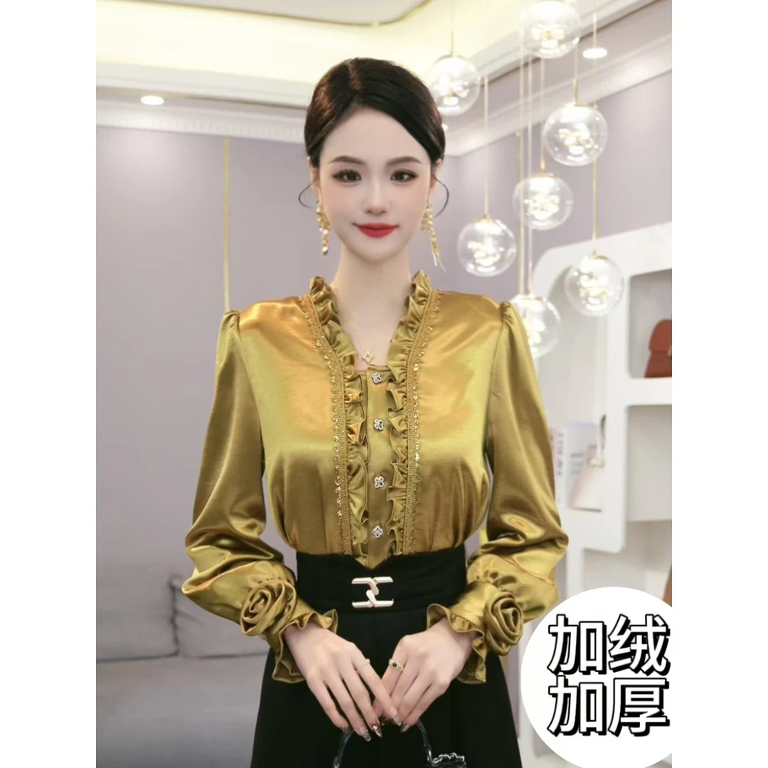 2026秋冬新款【Q-D861】加绒加厚宽松高级感缎面金色衬衫上衣女