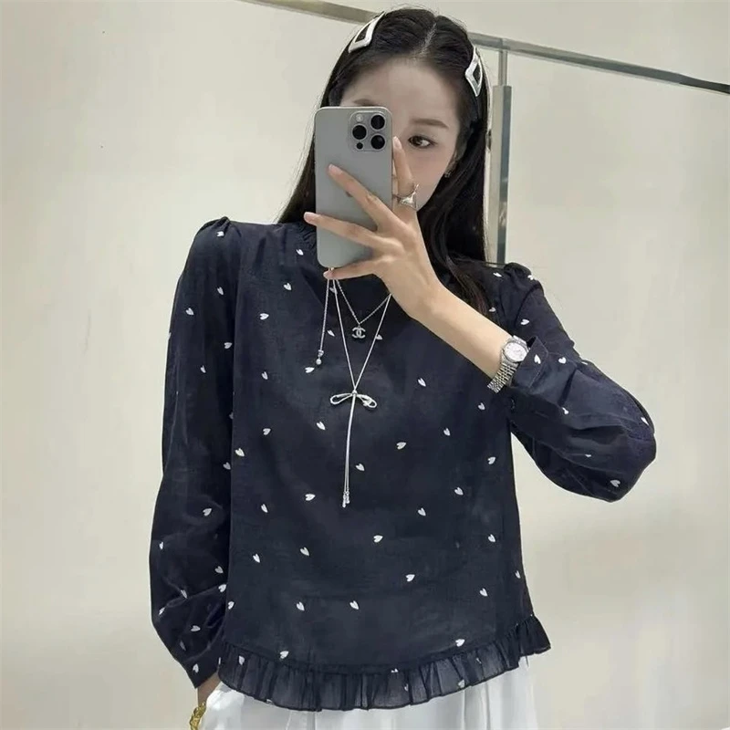 温柔气质爱心印花木耳边薄款长袖衬衫女2025早秋新款褶皱小衫上衣