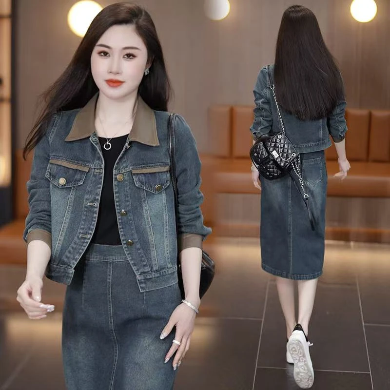 时尚连衣裙套装女2025春季新款洋气质减龄牛仔短外套裙子两件套裙