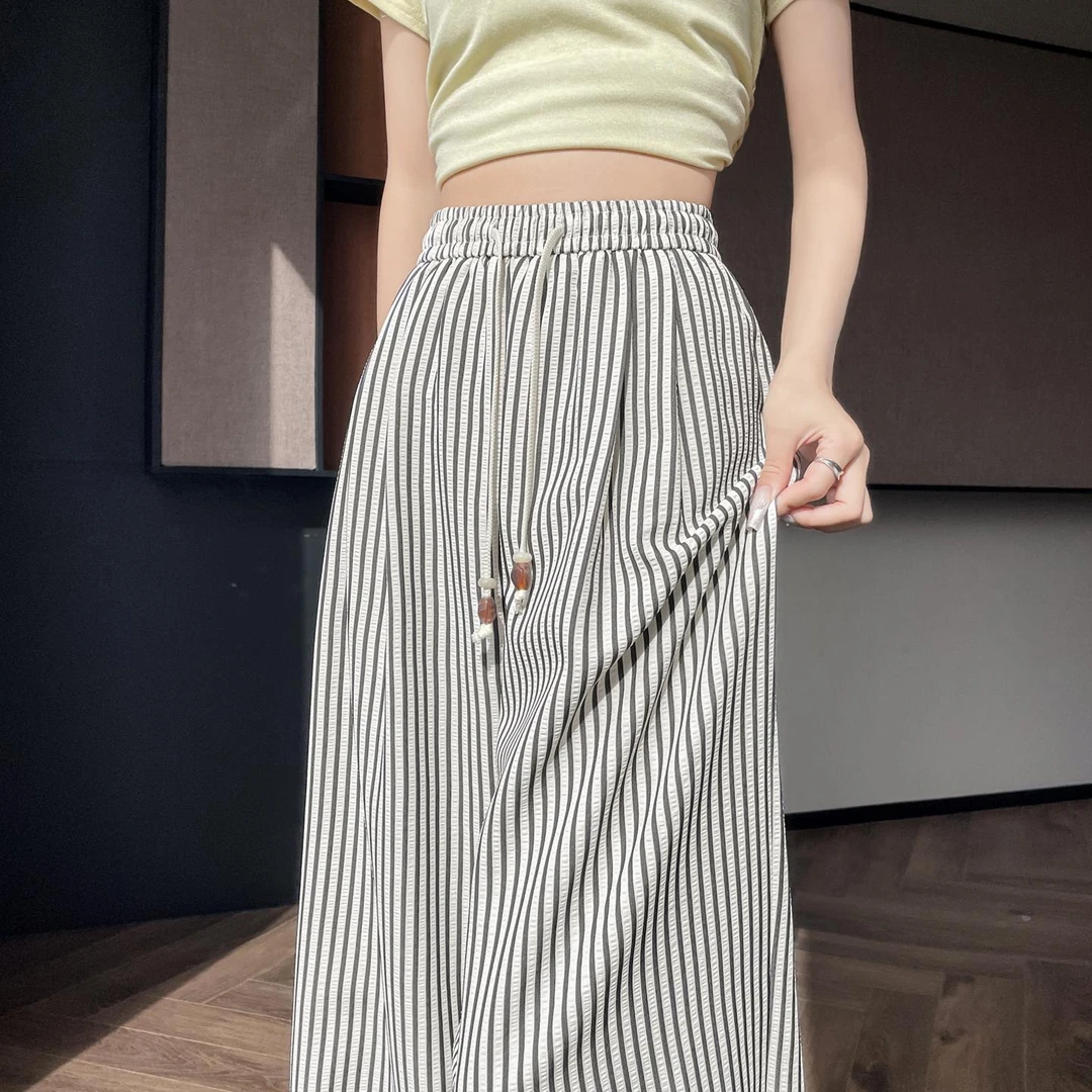 杜拉妮条纹裤子女夏季薄款2025新款抽绳高腰垂感宽松休闲冰丝裤子