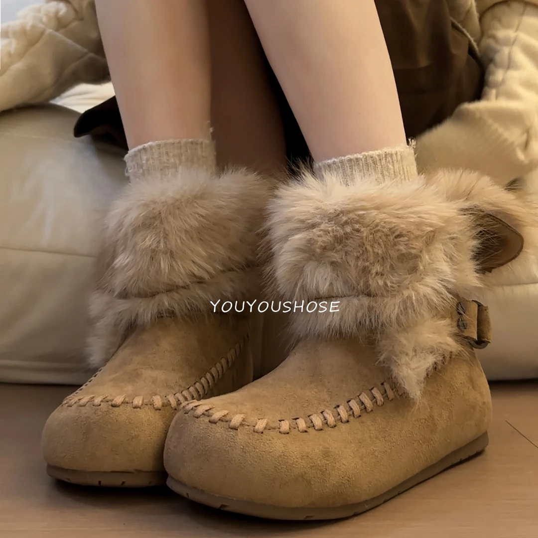 复古毛绒雪地靴女冬季加绒加厚保暖防滑厚底棉靴一脚蹬毛毛短靴子